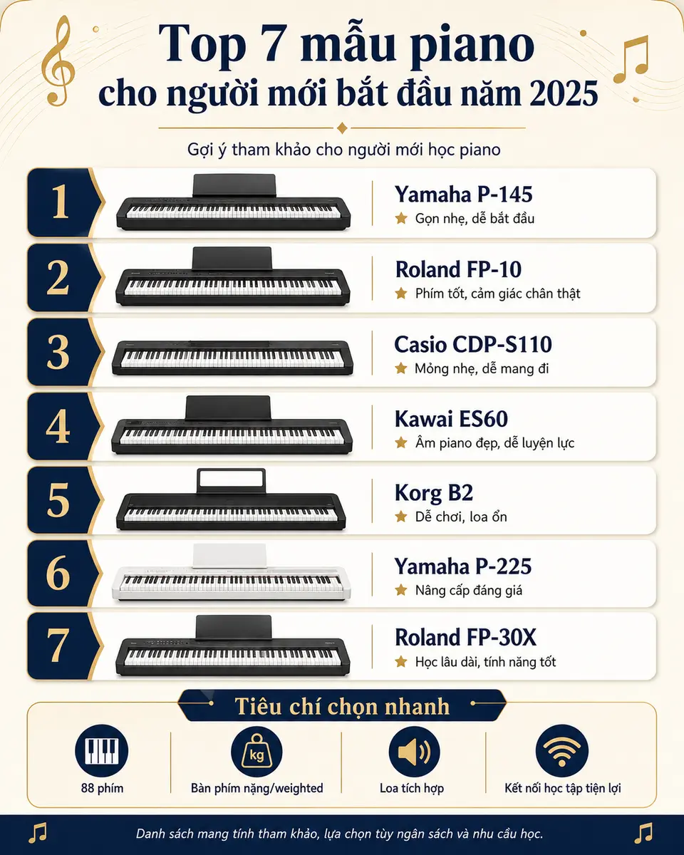Top 7 mẫu piano cho người mới bắt đầu năm 2025
