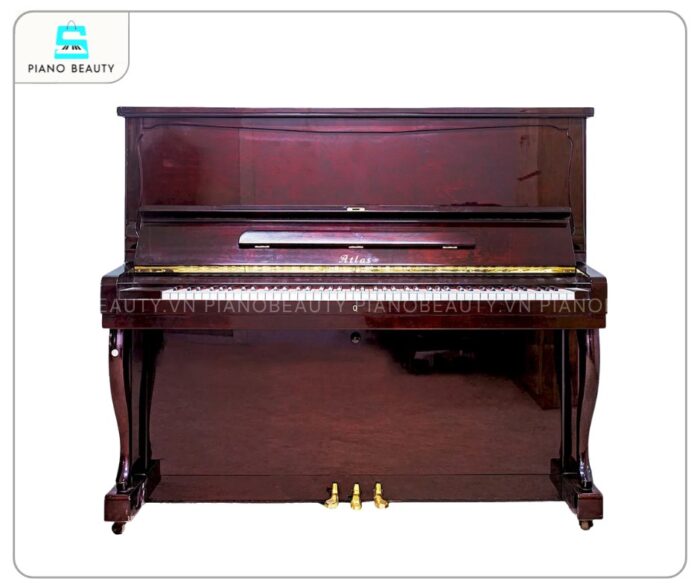 Đàn Piano Atlas A55M gây ấn tượng mạnh với lớp vỏ màu nâu đỏ bóng, vân gỗ tự nhiên tuyệt đẹp